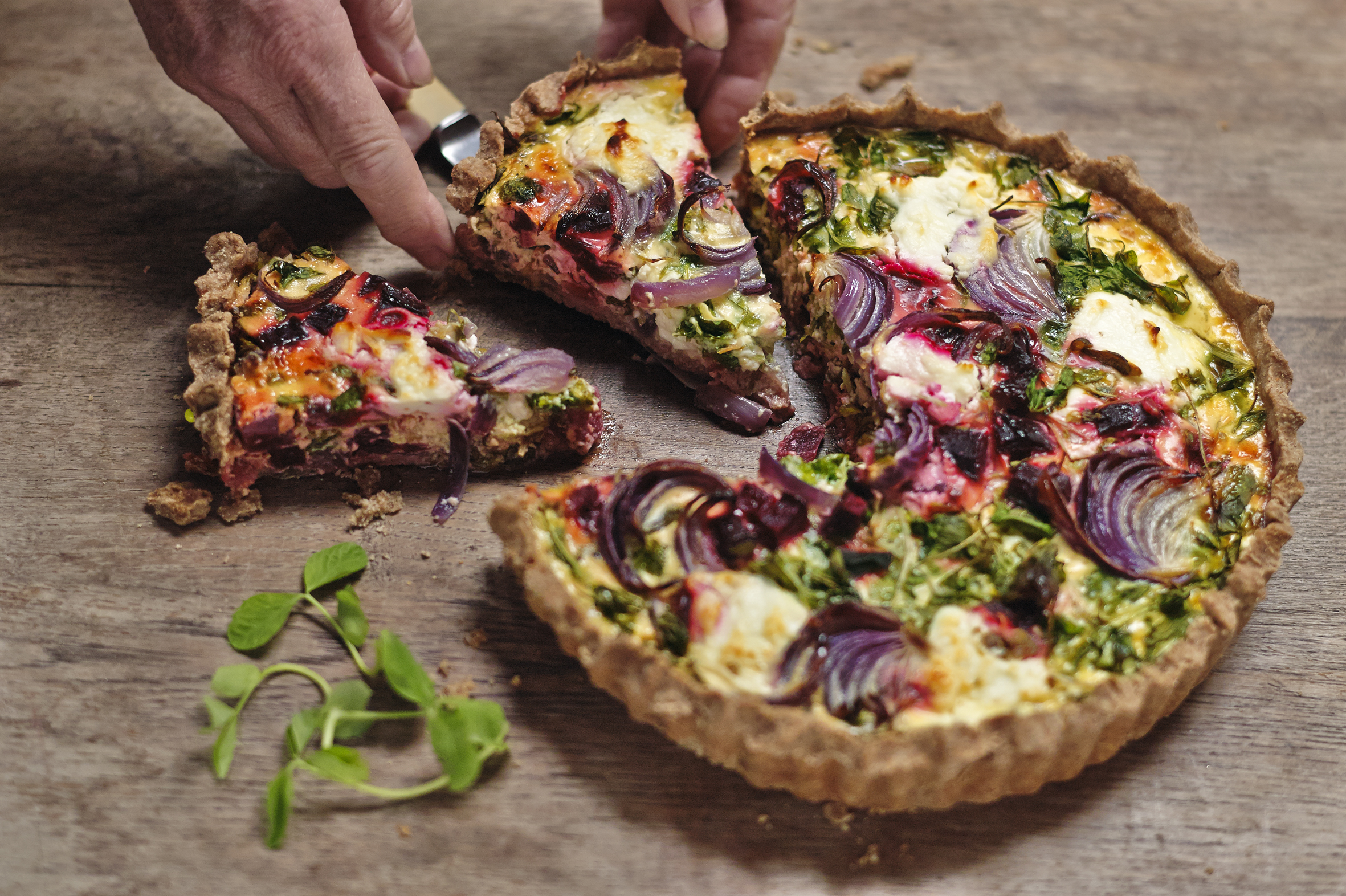 Pea Shoots, Beetroot and Goat's Cheese Quiche