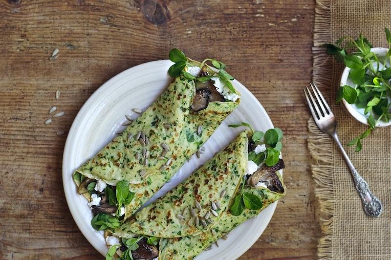 Pea Shoot Pancakes with Ricotta & Oyster Mushrooms
