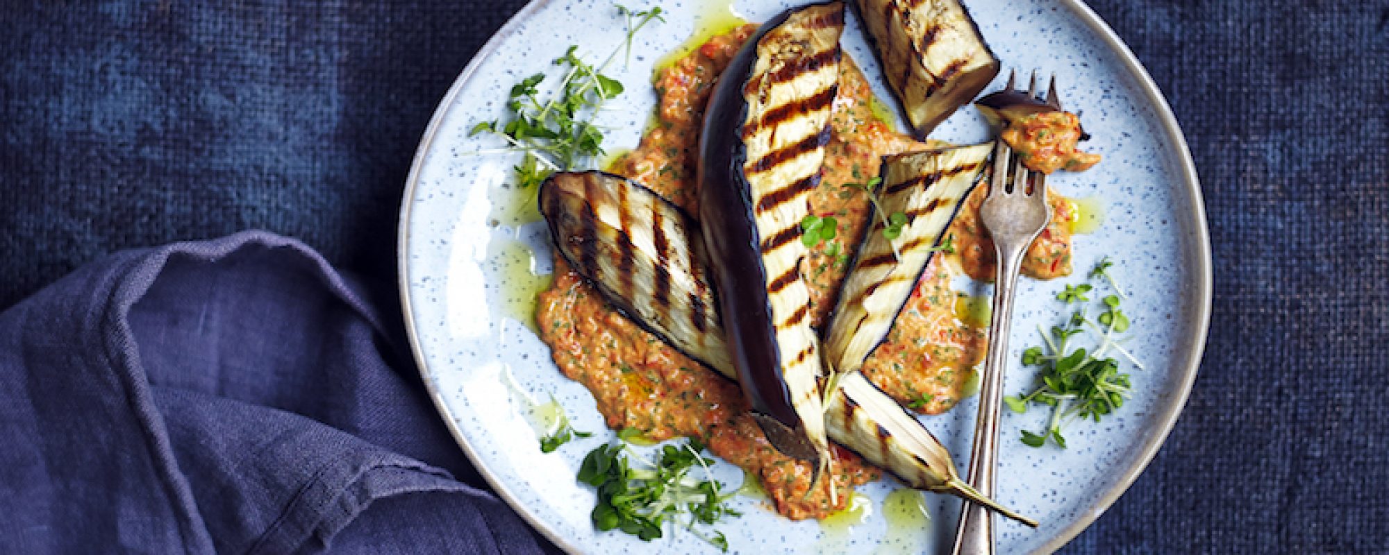 Roasted Aubergine with Salad Cress and Red Pepper Houmous