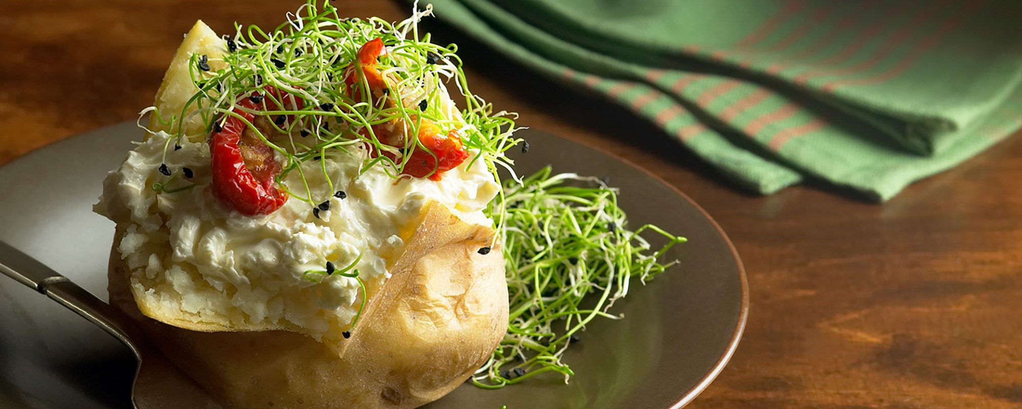 Garlic chives, jacket potato and cottage cheese