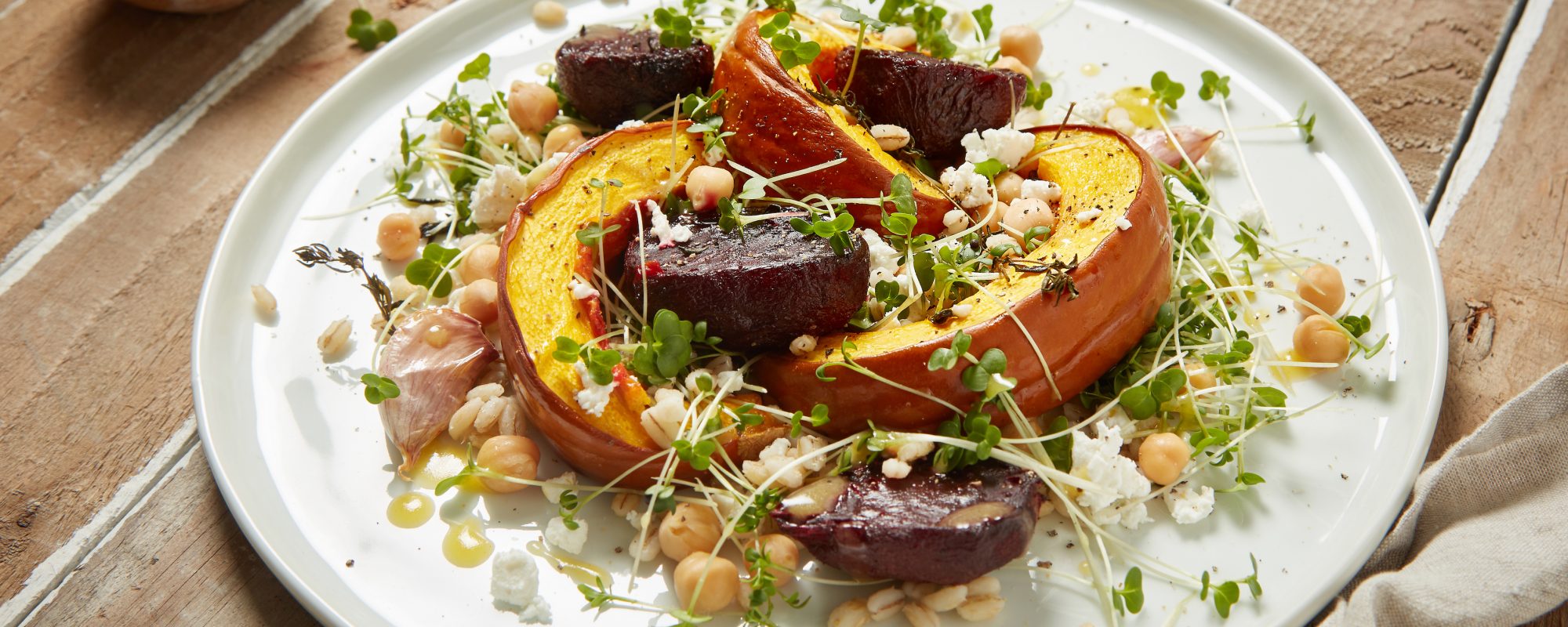 Pumpkin and beetroot salad with goats cheese and cress